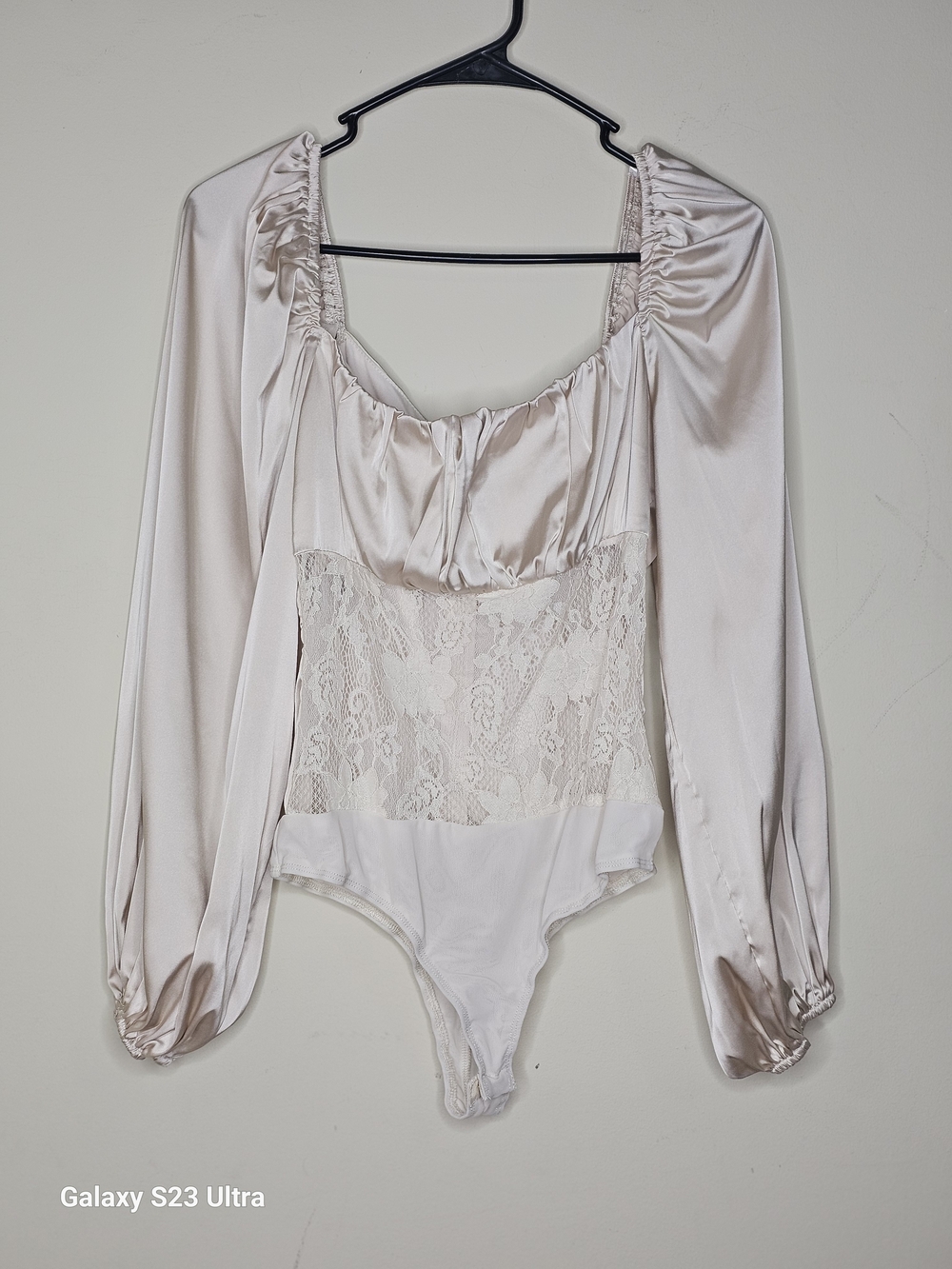 Lulu's Champagne Satin & Lace Long-Sleeve Bodysuit